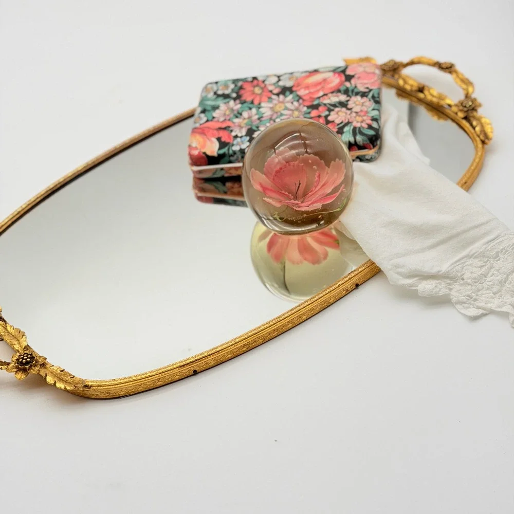 Vintage Hollywood Regency Gold Filigree Mirrored Vanity Tray Floral Handles Oval